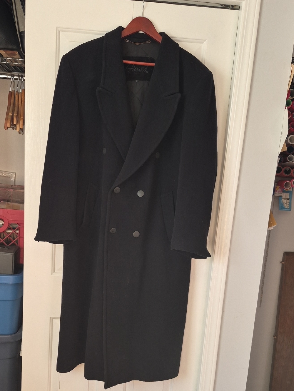 Vintage Men's Black Double-Breasted Long Overcoat - Classic Wool Blend